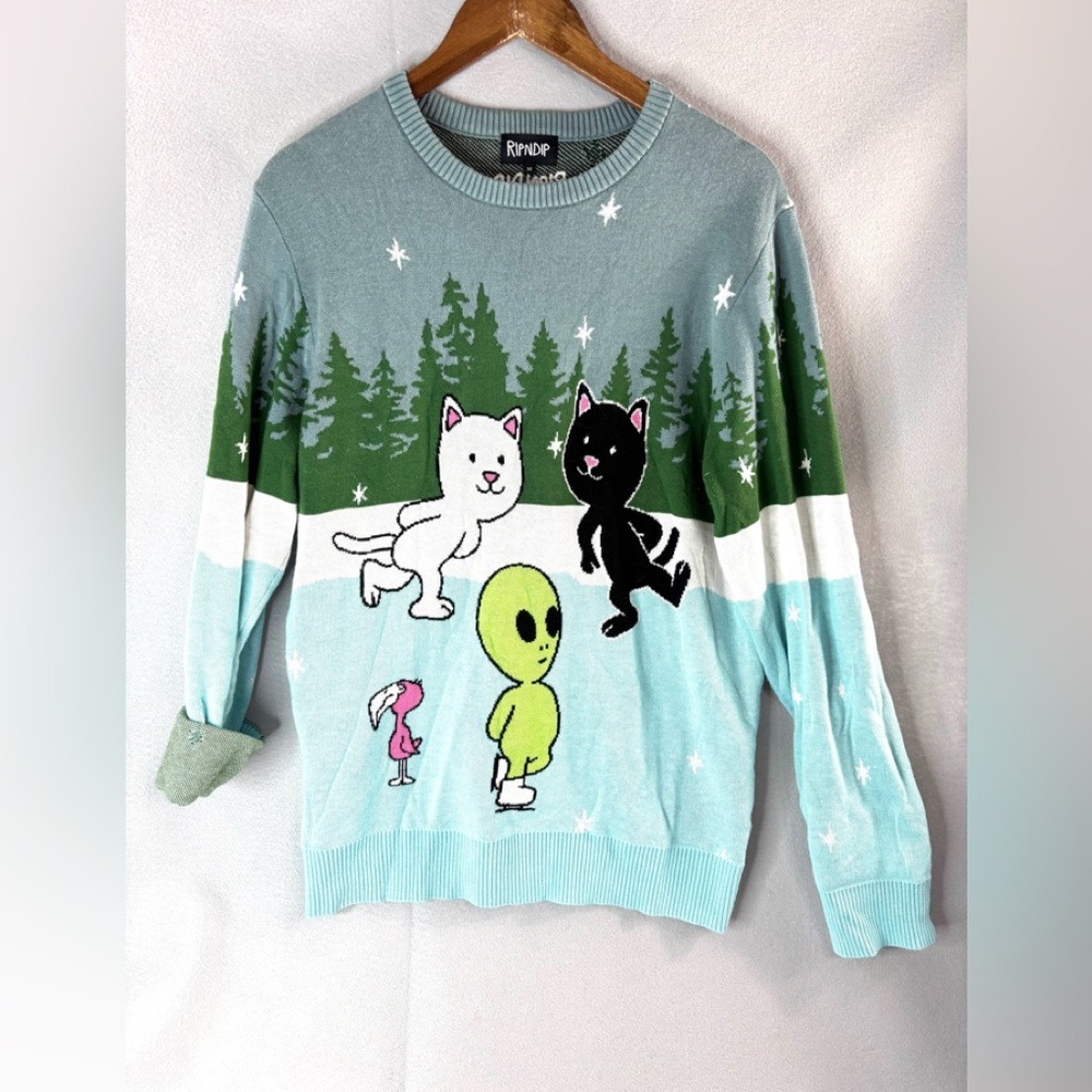 Ripndip M Ice Rink Blue and Green Sweater with Cats and Alien - Picture 7 of 7